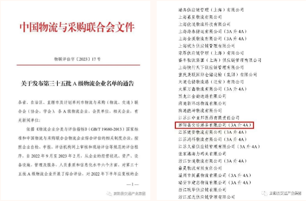 恭喜！泗陽縣交運港務公司獲評4A級物流企業，泗陽縣首家！